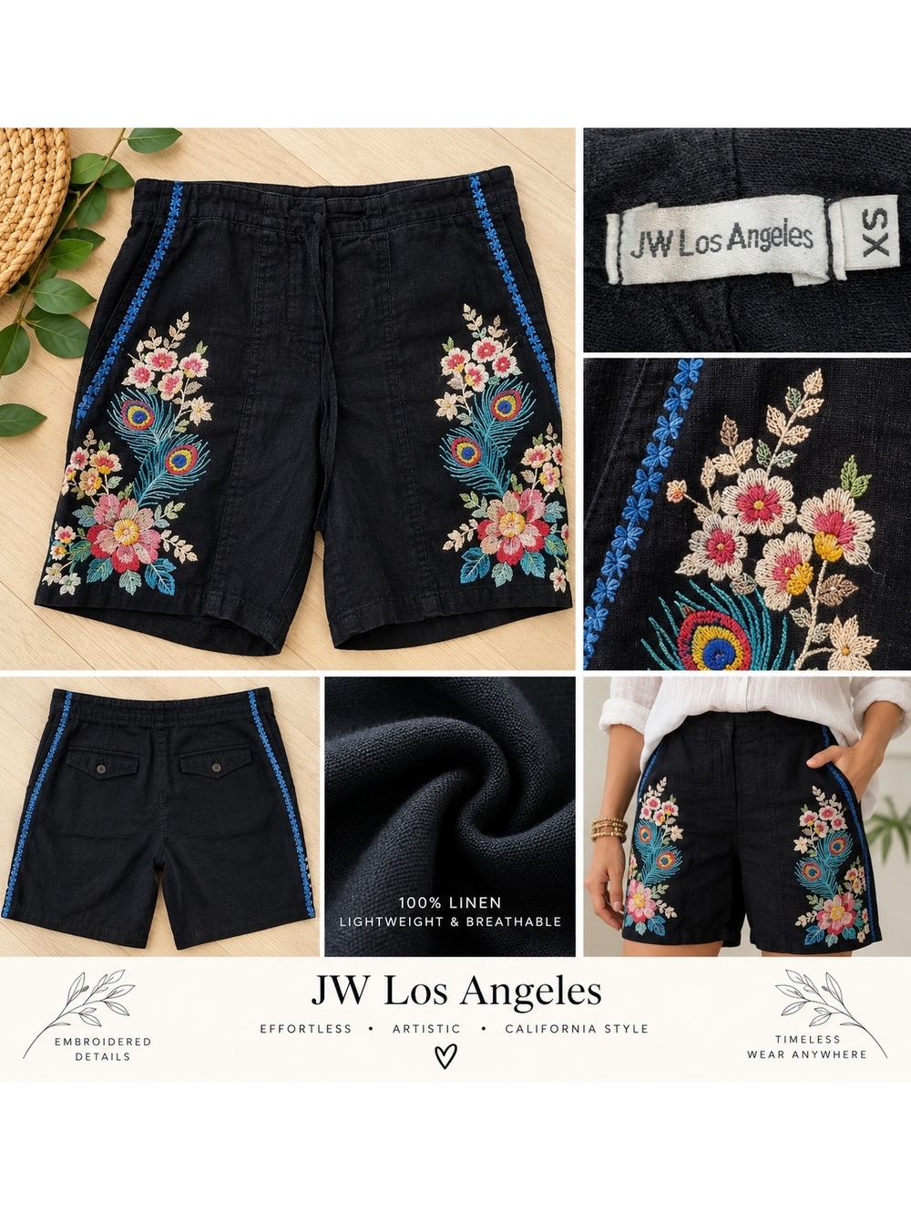 JW Los Angeles XS Black Linen Embroidered Floral Peacock Shorts